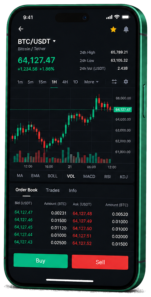 Application mobile XurénaBalik — graphique BTC/USDT en direct, carnet d’ordres et outils de trading